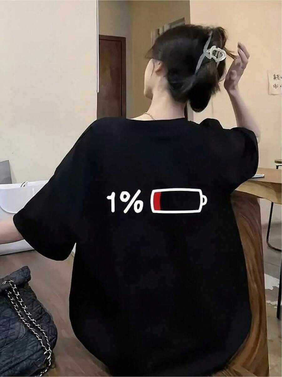 Camiseta negra informal de manga corta con cuello redondo para hombre,Camisetas Para Mujer Camiseta divertida batería baja diseño moderno casual estilo urbano cómoda fresca versátil mujer talla M negro moda - Negro - Ver 1