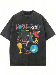 Men's Summer Clothing, Washed Cotton T-Shirt, 100% Cotton, Exquisite Printed Design, Machine Washable, Retro Street Style, Durable, Perfect Everyday Look, For Parties, Outings, Sports, Men's Casual Wear, 2026 World Cup 3EGA-Breathable Lightweight - 黑色 - 查看 1