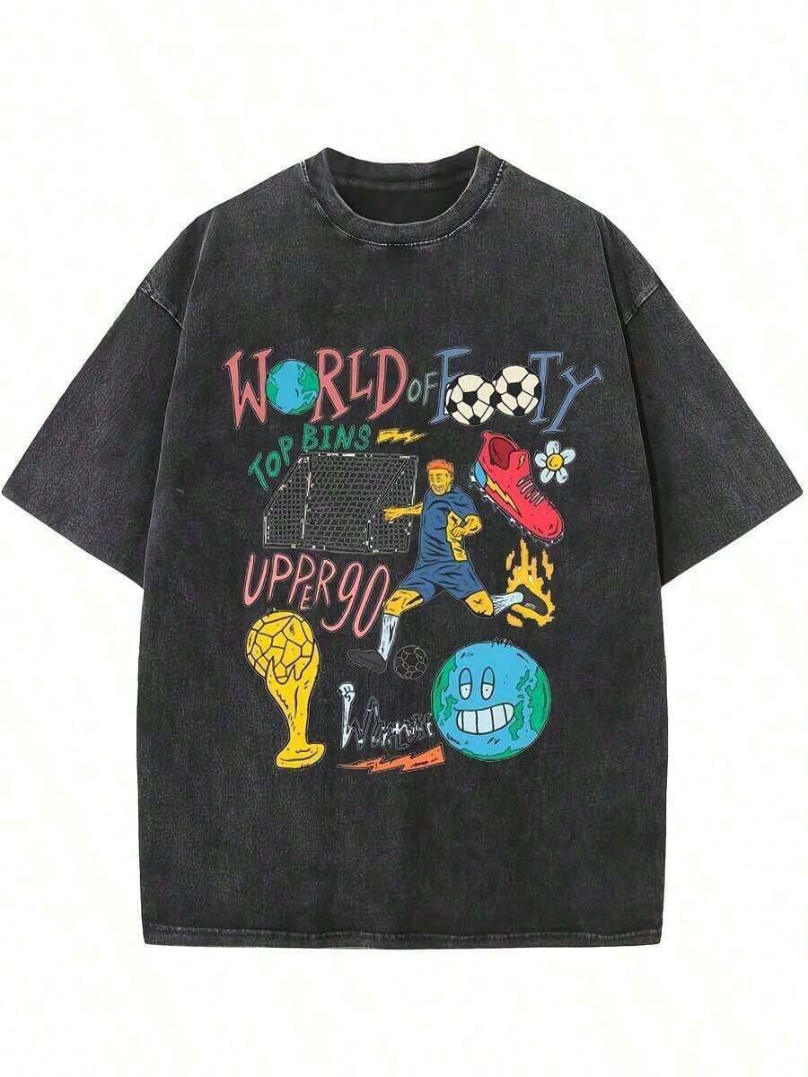 Men's Summer Clothing, Washed Cotton T-Shirt, 100% Cotton, Exquisite Printed Design, Machine Washable, Retro Street Style, Durable, Perfect Everyday Look, For Parties, Outings, Sports, Men's Casual Wear, 2026 World Cup 3EGA-Breathable Lightweight - 黑色 - 查看 1