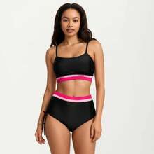 Women's Two Piece Bikini Set With Scoop Neck Top High Waist Bottom And Contrast Trim - Large, Black - Black - View 2