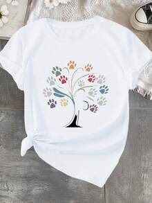 Women's Casual Top. Plus Size Women's Short-Sleeved Athletic T-Shirt With A Paw Print And Tree Print. A Must-Have For Everyday Casual Wear. - 白色 - 查看 12