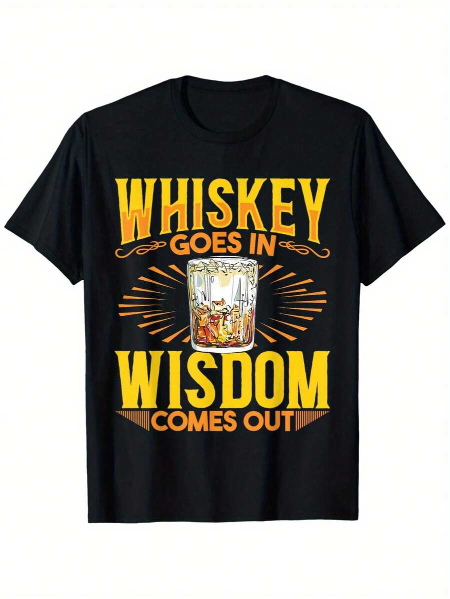 Black T-Shirt With Yellow Whisky Print: Perfect For Bourbon Enthusiasts, Casual Crew Neck T-Shirt For Scotch Whisky Aficionados, Ideal For Whisky Tasting Events And As A Gift. - 黑色 - 查看 1