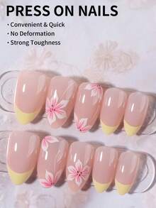 30片装短款杏仁花形假指甲套装，包含1卷双面胶带和1把指甲锉，花卉美甲 - 彩色 - 查看 3