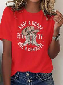 Women's Cotton Crew Neck Casual T-Shirt - Women's Western Cowboy Print T-Shirt - 100% Cotton, Comfortable Short Sleeves, Featuring Cowboy Boots And Horses, And The Slogan "Save A Horse, Ride A Cowboy," Suitable For Country Music Festivals, Rodeos, And Casual Western-Style Outfits. Geometric Pattern, Machine Washable, Loose Fit, Suitable For All Seasons, Casual Western-Inspired Style, Combined With A Cowboy Hat And Horseshoe Design, Breathable Fabric, Comfortable Fit. Simple T-Shirt For Everyday Wear - 紅色 - 查看 1