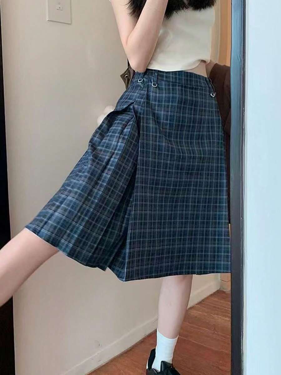 Vintage Pleated High Waist Slimming Academy Style Skirt (Random Plaid) - Blue - View 1