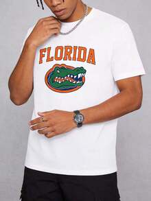 Florida Title Men's Short-Sleeved T-Shirt, Made Of Cotton, With An American Print, Relaxed Crew Neck, Breathable And Lightweight, Suitable As A Loose-Fitting Garment For Sportswear. - 白色 - 查看 9