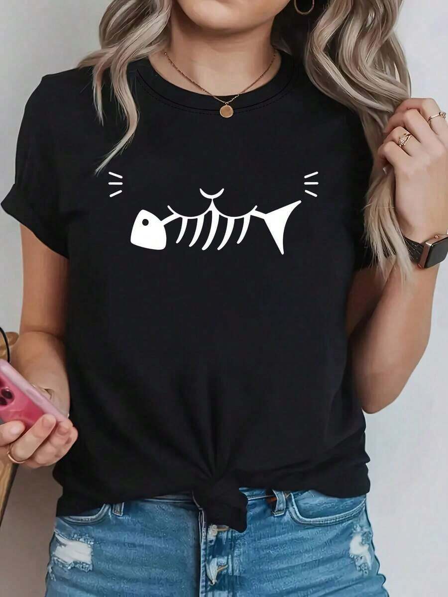 100% Cotton. Fishbone And Cat-Themed T-Shirt - Women's Casual Short-Sleeve Top, Fun And Playful, Perfect For Outings, Dates, Holiday Gifts, And Get-Togethers. Women's Simple Solid Color T-Shirt, Loose And Slim Fit Casual Short Sleeve - 黑色 - 查看 1