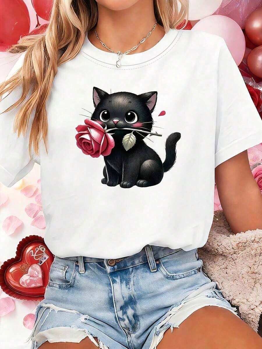 100% Cotton. Women's Size T-Shirt With Graphic Print Of A Cat Holding A Rose, Short Sleeves And Round Neck, Casual Top For Summer And Spring, Women's Clothing. Women's Simple Solid Color T-Shirt, Loose And Slim Fit Casual Short Sleeve - 白色的 - 查看 1