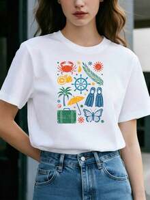 Beach Vacation Style: Retro Prints Featuring Illustrations Of Crabs, Lemons, Palm Trees, Fins, Luggage, And Other Beach Vacation Elements. Plus Size, Crew Neck, Comfortable And Casual Women's T-Shirt, Ideal For Spring/Summer. Stylish Everyday Workwear For Women. Suitable For Beach Vacations, Summer Outings, And Music Festivals. Cool Retro Short-Sleeve T-Shirt. - 白色 - 查看 7