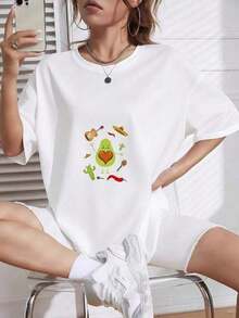 Urban Sense Cute Avocado With Heart Mexican Style Pure Cotton Short Sleeve T-Shirt_15_t1Mother's Day Gift BAABplayeras De Mujer - 白色 - 查看 7
