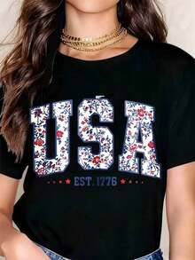 TrendyFashion Women's Graphic T-Shirt, Casual Loose Fit, Round Neck, Short Sleeve, Floral Print With "USA Est 1776" Design, Ideal For Daily Wear And Patriotic Events. - 黑色 - 查看 1