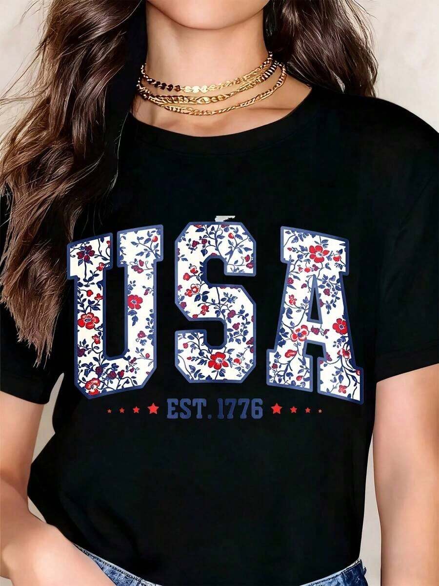 TrendyFashion Women's Graphic T-Shirt, Casual Loose Fit, Round Neck, Short Sleeve, Floral Print With "USA Est 1776" Design, Ideal For Daily Wear And Patriotic Events. - 黑色 - 查看 1