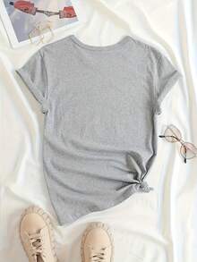 Plus Size Women's Casual Sports T-Shirt With "Born In 90's" Letter Print, Comfortable Fit Short Sleeve T-Shirt, Stylish And Breathable Casual Blouse For Women. - 淺灰色 - 查看 3