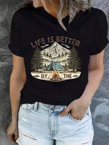 Camping Life, Campfire Print, Women's Casual Short-Sleeve T-Shirt, Comfortable Fit, Matching Sets For Sisters, Outdoor Travel Essential, Women's T-Shirt, Spring/Summer T-Shirt. - 黑色 - 查看 1