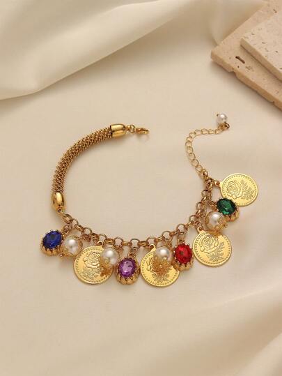 1 pieza Brazalete de estilo palaciego vintage de Oriente Medio, brazalete con moneda de oro rosa y colgante de cristal de colores, adecuado para fiestas de noche / bodas / uso diario de las mujeres, accesorio de lujo