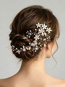 1pc Crystal & Rhinestone Decor Bridal Bridesmaid Hair Comb, Luxurious Hair Accessory For Wedding, Banquet, Party - 63049 Gold - View 2