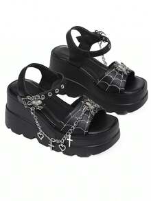 Platform Wedge Sandals For Women - Spider Web & Chain Decor Gothic Sandals For Punk Egirl & Festival Outfit - Black - View 10