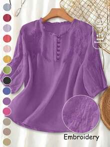 Blusa ligera y holgada de viscosa con bordado retro para mujer, para primavera y verano, casual, estilo campestre, tops de verano - Morado 2 - Ver 1