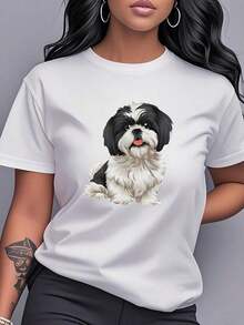 1 Piece Fashion Casual For Men And Women Shih Tzu Dog Print T-Shirt, Short Sleeve, Round Neck, Women's Clothing, Casual And Versatile, Modern And Fashionable, Suitable For Daily Wear, Dates, Casual Wear, And Home Wear. OB6L Is Versatile, Easy To Match, Suitable For Daily Wear, Urban Style, Vacation Outfits, And Weekend Wear. - 白色的 - 查看 7