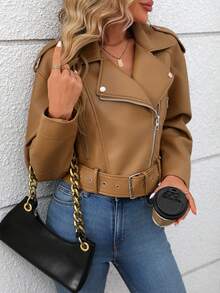 Women's Solid Color Minimalist Casual Zip-Up Short Jacket - Brown - View 8