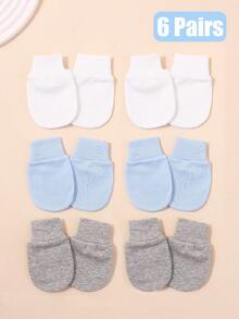 6 pares de manoplas de unicolor para bebés, protectores de manos para recién nacidos adecuados para el juego y uso diario - Blanco, azul, gris - Ver 3