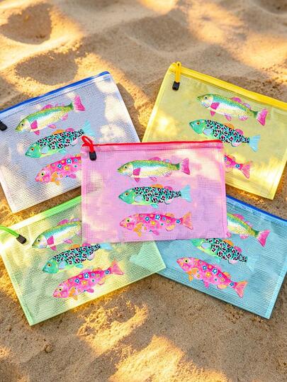 Multi-Color A4 Waterproof And Stylish Mesh Bag With Preppy Coastal Fish,Make Up Bag With Color Tropical Fish Printing,Cute Summer Fish,Ocean Theme Large Capacity Transparent Makeup Bag,Large Capacity Transparent Cosmetic Bag