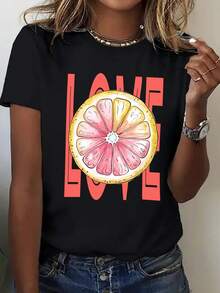 | Exquisite Design | Loose And Comfortable | Easy To Match | Women's Loose White T-Shirt With Pink Lemon Print And The Word LOVE - 200g Weight Casual Short Sleeve T-Shirt, Lemon And Strawberry Slice Design, Loose Fit Suitable For Summer Beachwear, Picnic Sets, Casual Wear (Pink Lemon Heart Pattern). - 黑色 - 查看 1