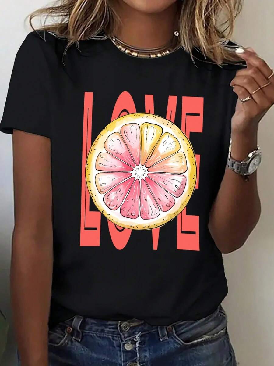 | Exquisite Design | Loose And Comfortable | Easy To Match | Women's Loose White T-Shirt With Pink Lemon Print And The Word LOVE - 200g Weight Casual Short Sleeve T-Shirt, Lemon And Strawberry Slice Design, Loose Fit Suitable For Summer Beachwear, Picnic Sets, Casual Wear (Pink Lemon Heart Pattern). - 黑色 - 查看 1