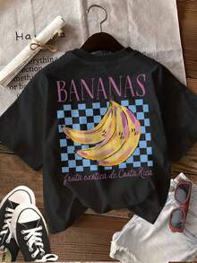 | Exquisite Design | Loose And Comfortable | Easy To Match | [Double-Sided Print] Women's Summer Casual T-Shirt, Pop Style, Banana Print, Checkerboard Design, Exotic Fruit Print BANANAS, Round Neck, Pure Cotton Short-Sleeve T-Shirt [Ling K] - 黑色 - 查看 3