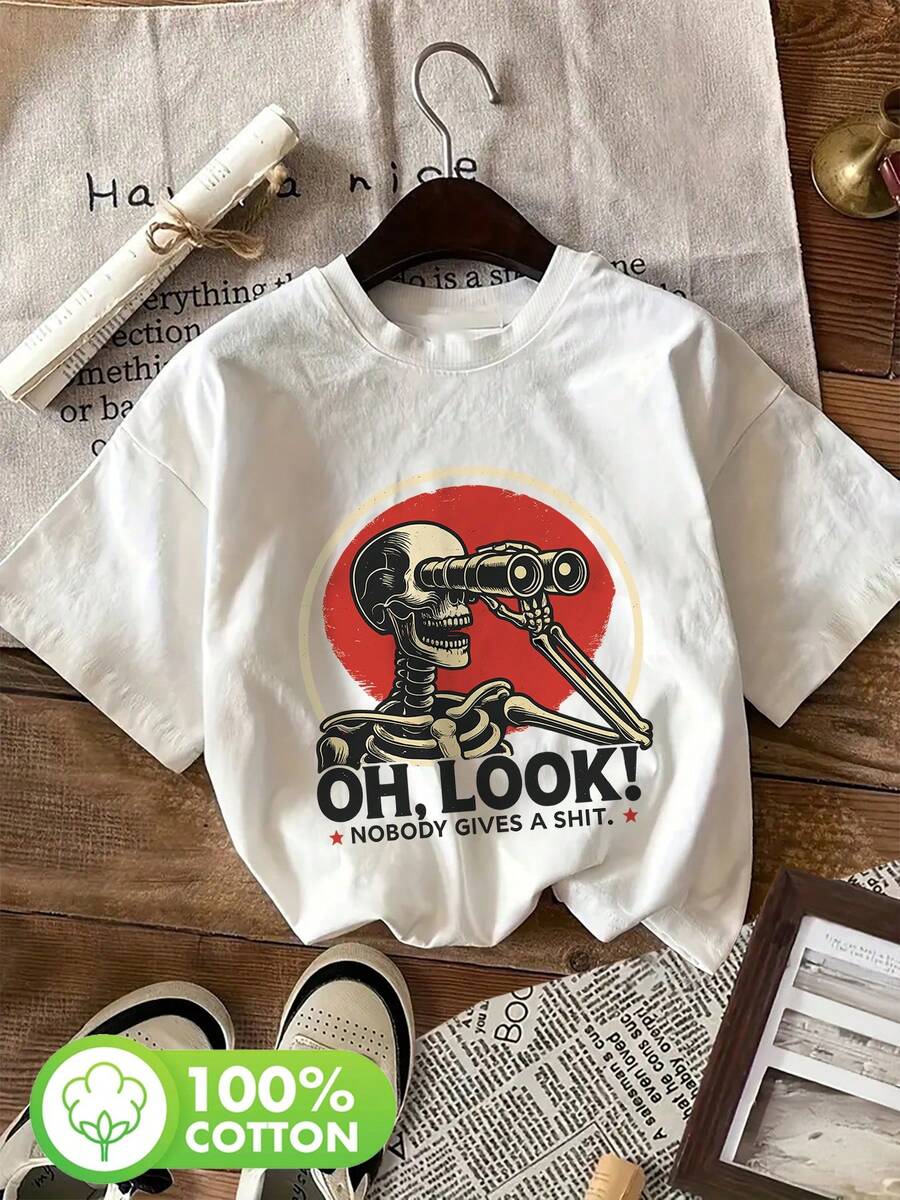 |     Diseño exquisito |     Suelto y cómodo |     Fácil de combinar |   Camiseta de verano para mujer, estilo vintage, con estampado de calavera, telescopio, fuente en inglés y la frase "Oh Look Nobody Gives A", manga corta, cuello redondo, 100% algodón. - Blanco - Ver 1