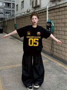Women's Y2K Style Short-Sleeved T-Shirt With A  Yellow Letter Print, A New Summer Fashion Item. Versatile, Loose-Fitting, With A Round Neck. Worth Buying. PLJS - 黑色 - 查看 8