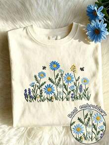 Diseño de bordado de girasol Estampado floral vibrante Camiseta de manga corta de cuello redondo casual para mujer de primavera y verano - Albaricoque 3 - Ver 5