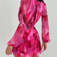 Vestido de manga larga ajustado con silueta de paraguas para mujer, nuevo para otoño/invierno, para uso casual/citas/salidas/maestras, vestido romántico con estampado de teñido anudado en púrpura y cuello alto con lazo en la cintura - Azul - Ver 3