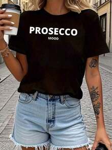 1 pieza clásica y versátil, camiseta corta de algodón puro con mangas cortas y cuello alto, ideal para usar en cualquier estación, con un clásico estampado de letras. Estilo moderno. - Negro - Ver 1