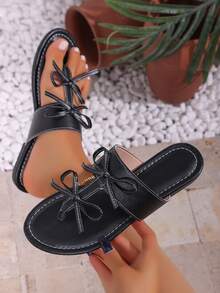 New Women's Fashion Summer Casual Vacation Style Slip-On Flat Round Toe Sandals With Bow Decor, Black - Black - View 3