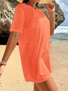 Vestido kaftan de mujer de unicolor con cuello redondo y manga corta, para usar en vacaciones - Naranja Quemada - Ver 4