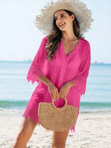 Swim Vcay Kimono cubrecuerpo para damas de un solo color con aplicaciones de encaje y botones delanteros - Rosa Fucsia - Ver 3