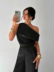 Conjunto de blusa suelta asimétrica sin hombros con baño de oro sin mangas y pantalones de pierna ancha con cintura elástica, adecuado para citas, fiestas, viajes diarios, festivales de música, ceremonias de graduación, atuendos de maestros y ocasiones formales - Negro - Ver 5