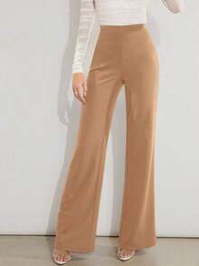 Pantalones de pierna ancha unicolor de talle alto - Camel - Ver 6