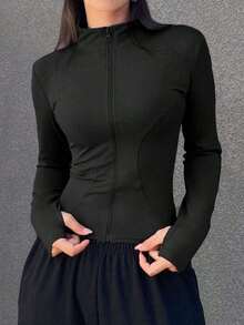 Chaqueta de manga larga sólida para mujer, ajuste delgado, minimalista ideal para primavera y verano - Negro - Ver 3