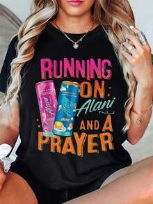 Camiseta de mujer On Alani & A Prayer - Compatible con la marca Drink, top casual de verano de manga corta y cuello redondo, con eslogan de oración, blusa de primavera para mujer (lavable a máquina) blusa casual mujer playeras de mujer algodón - Negro - Ver 7