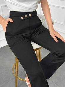 Pantalones elegantes de mujer con pierna recta, cintura suelta y detalles de botones para otoño/invierno - Negro - Ver 3