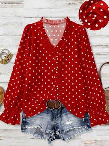 Camisa casual de manga larga con volantes y lunares de gasa, de talla grande, color marrón, adecuada para el ocio y las vacaciones de verano - Rojo - Ver 4