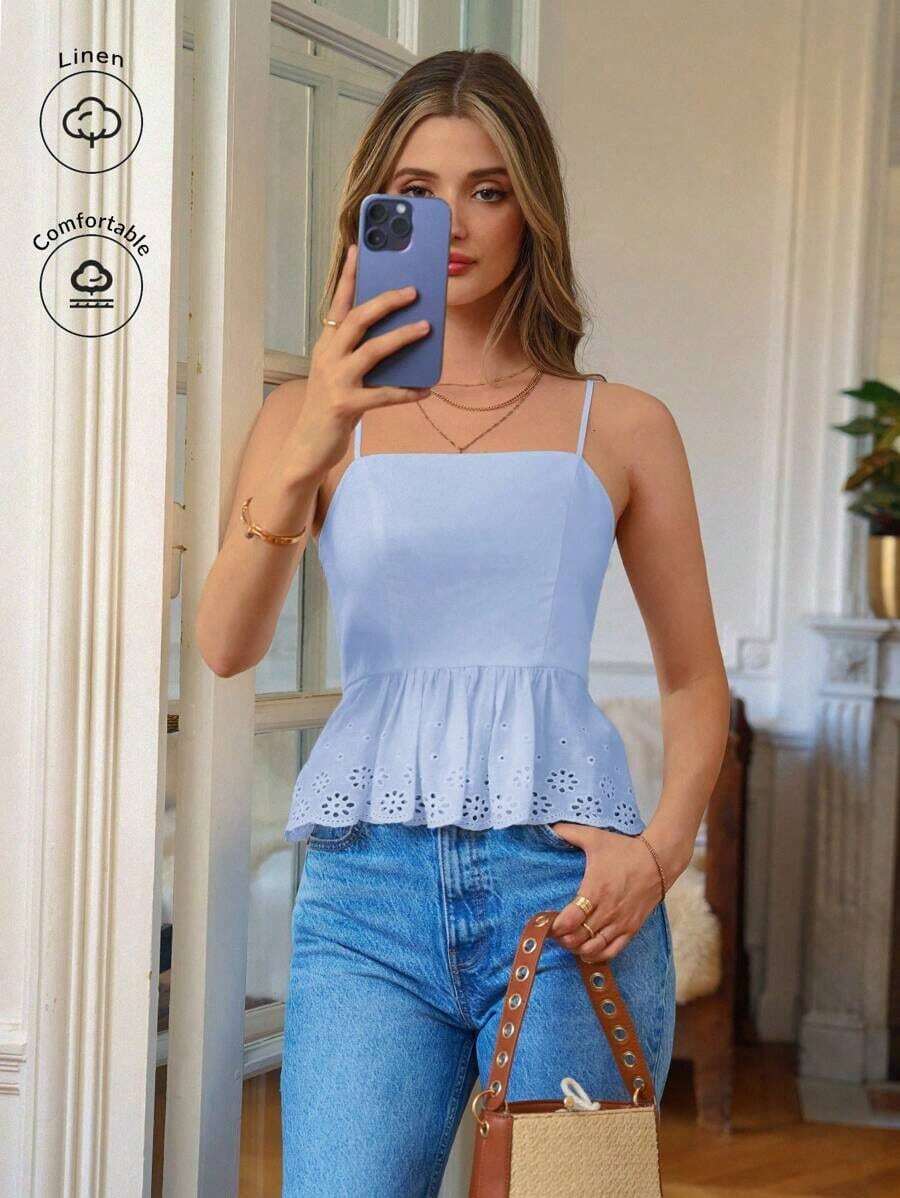 Mujer Camiseta Sin Mangas Con Espagueti, Hem Inferior Con Volantes Con Parche De Bloque unicolor - Celeste - Ver 1
