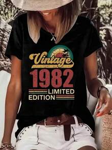Camiseta negra informal de manga corta con cuello redondo para hombre,Camisetas Para Mujer Camiseta Vintage 1982 Edición Limitada Estilo Y2K Diseño Único Perfecta para Amantes de la Moda Retro Ideal para Verano Versátil y Cómoda Resalta Tu Individualidad y Pasión por el Estilo Mexicano Ideal para Regalos Especiales o Para Tu Propia colección - Negro - Ver 6