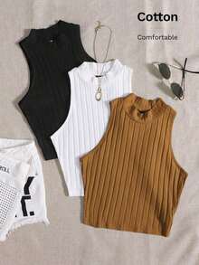 Top de tanque casual sólido de cuello redondo acanalado para el verano - Multicolor 5 - Ver 6