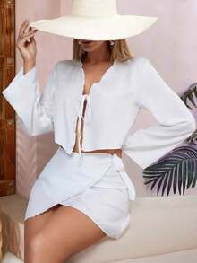 Swim Vcay Set de vestido cruzado informal de 2 piezas y cubrecostillo para playa de verano para mujer - Blanco - Ver 1