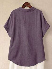 Camisa casual de moda cómoda para mujer de talla grande, de unicolor, con cierre de botones completo, cuello de solapa, manga corta y bolsillos dobles - Púrpura polvoriento - Ver 2