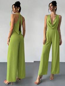 s anchos de pierna blanca con cintura ceñida, escote profundo en V y espalda descubierta, elegantes y modernos, apropiados para ir al trabajo, citas románticas, fiestas sexys, vacaciones en la playa, festivales, San Valentín, temporada de - Verde - Ver 1
