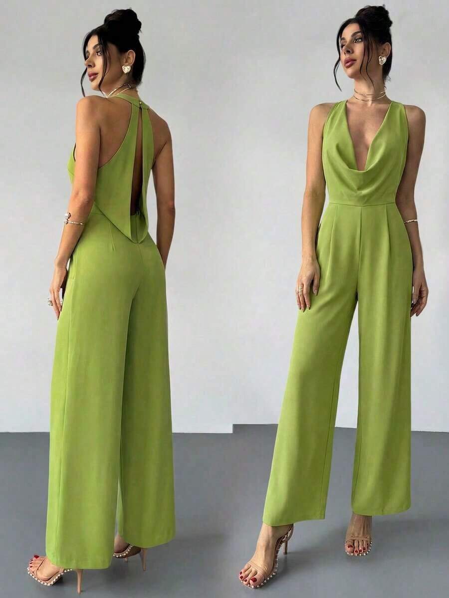 s anchos de pierna blanca con cintura ceñida, escote profundo en V y espalda descubierta, elegantes y modernos, apropiados para ir al trabajo, citas románticas, fiestas sexys, vacaciones en la playa, festivales, San Valentín, temporada de - Verde - Ver 1